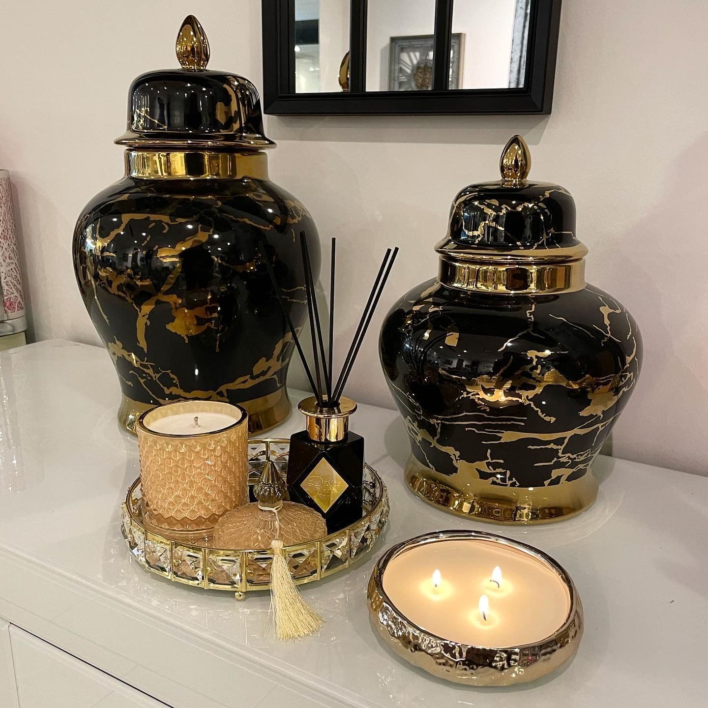 Gold Jewelled Large Round Mirror Tray