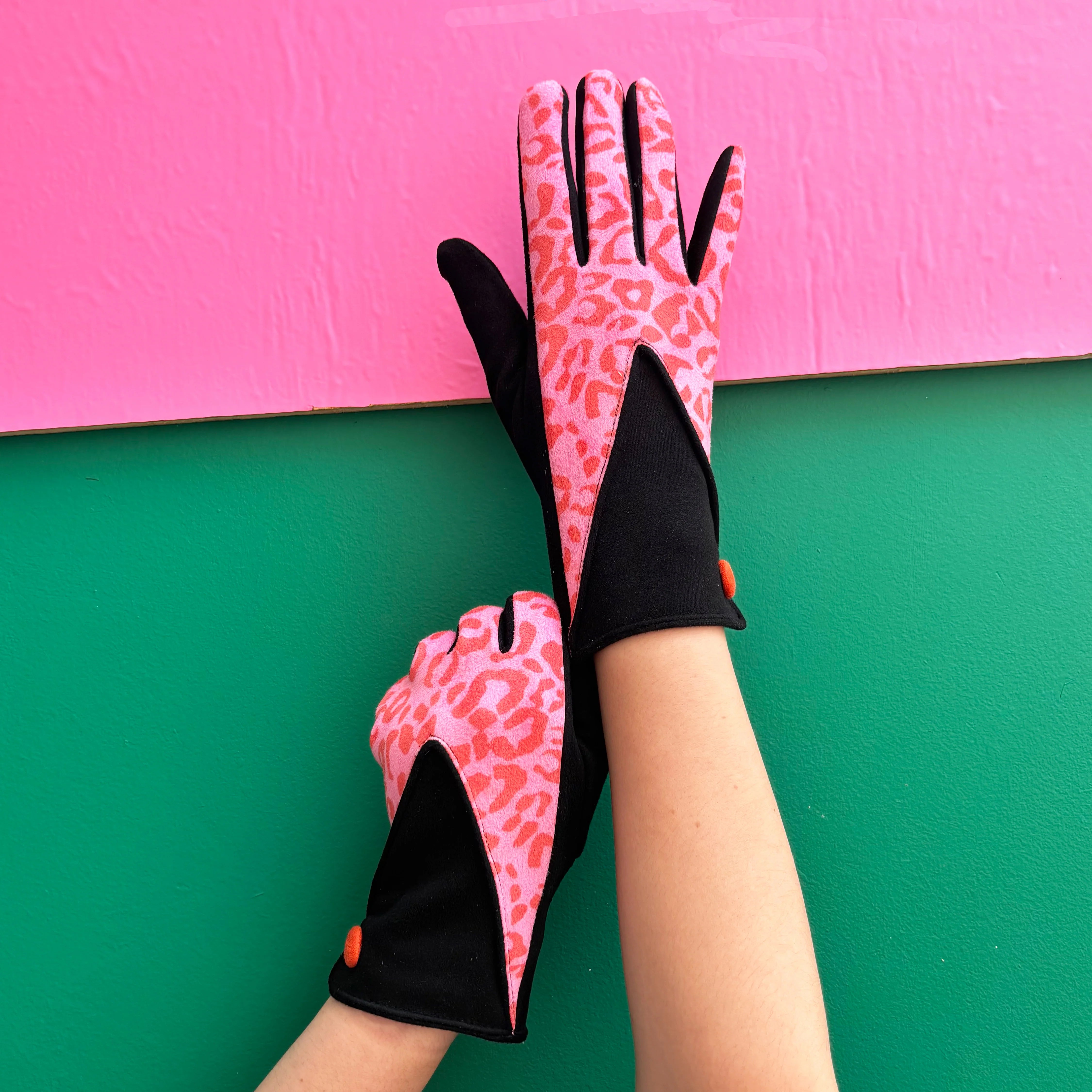 House Of Disaster "Pink and Black Leopard" Suedette Gloves