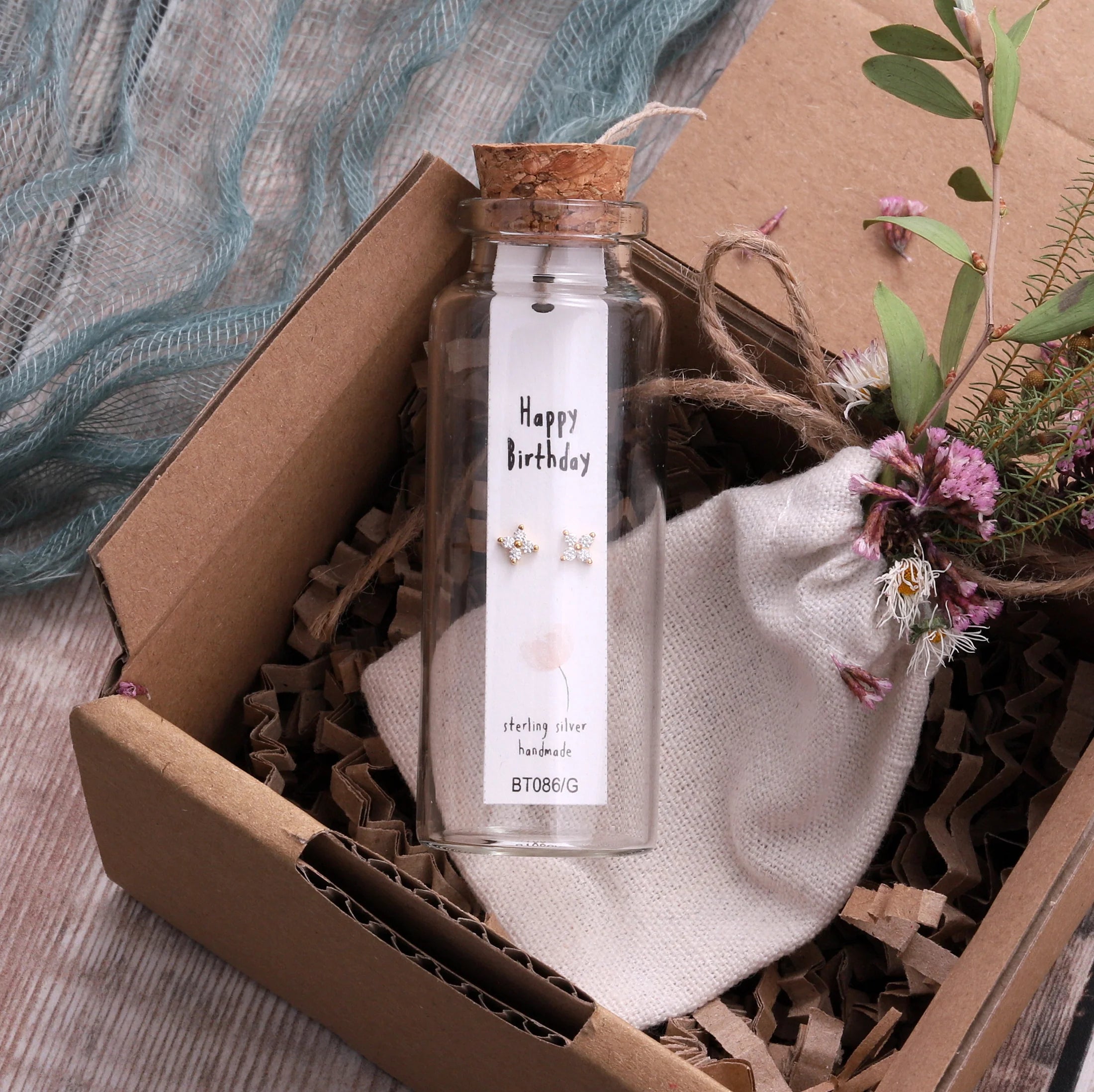 "Happy Birthday" Gold Crystal earrings (Sterling Silver)