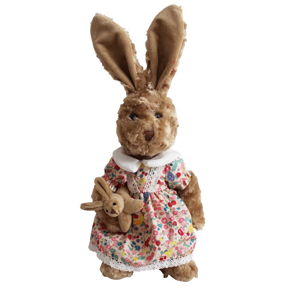 Powell Craft "Rabbit Teddy Dressed in Floral Fruit Print Dress Holding Baby Rabbit"