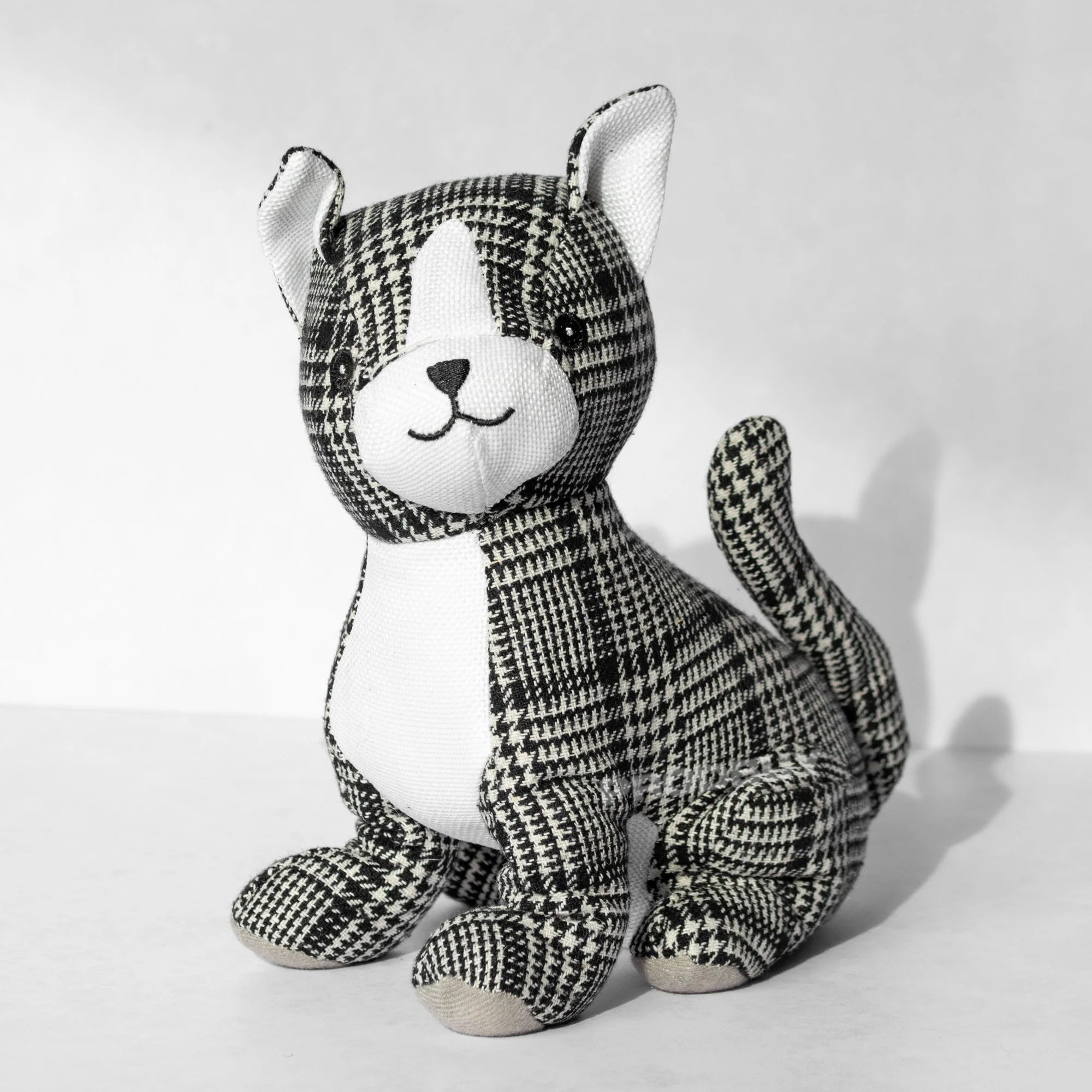 Fabric Black and White Gingham "Sitting Cat" Doorstop