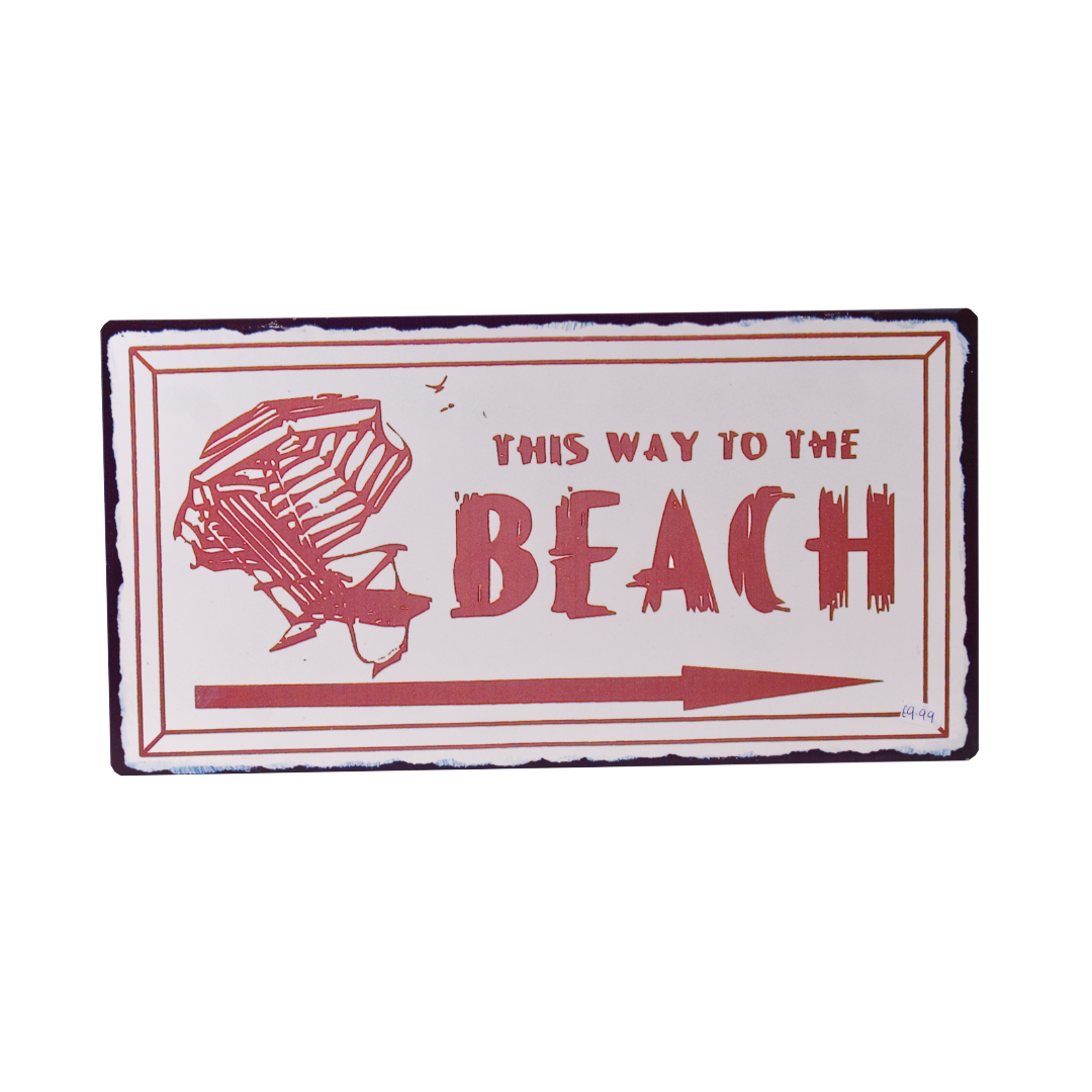 Red & White "This Way To The Beach" Arrow Metal Sign