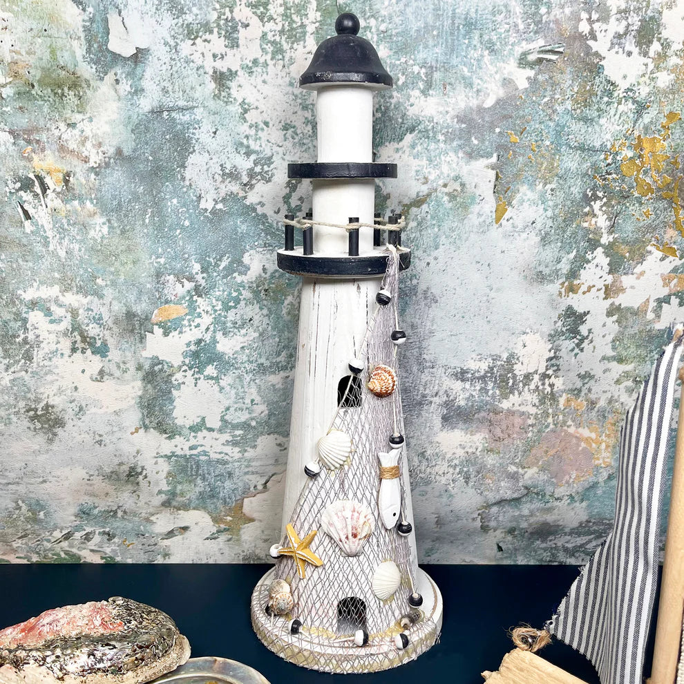 Nautical "White & Navy" Large Rustic Lighthouse