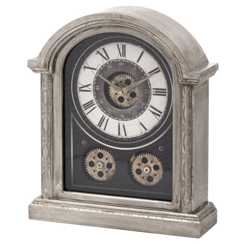 Hill Interiors Antique Silver "Moving Mechanism" Mantle Clock