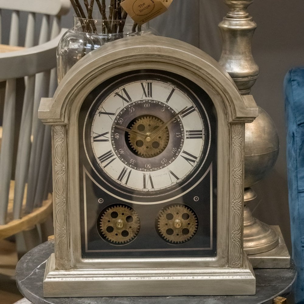 Hill Interiors Antique Silver "Moving Mechanism" Mantle Clock