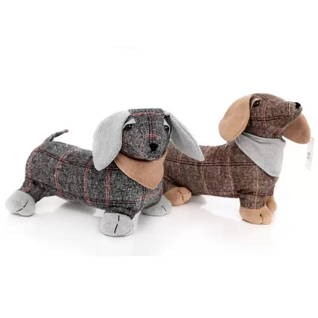 Fabric Grey Tartan Daschaund "Dog" Doorstop