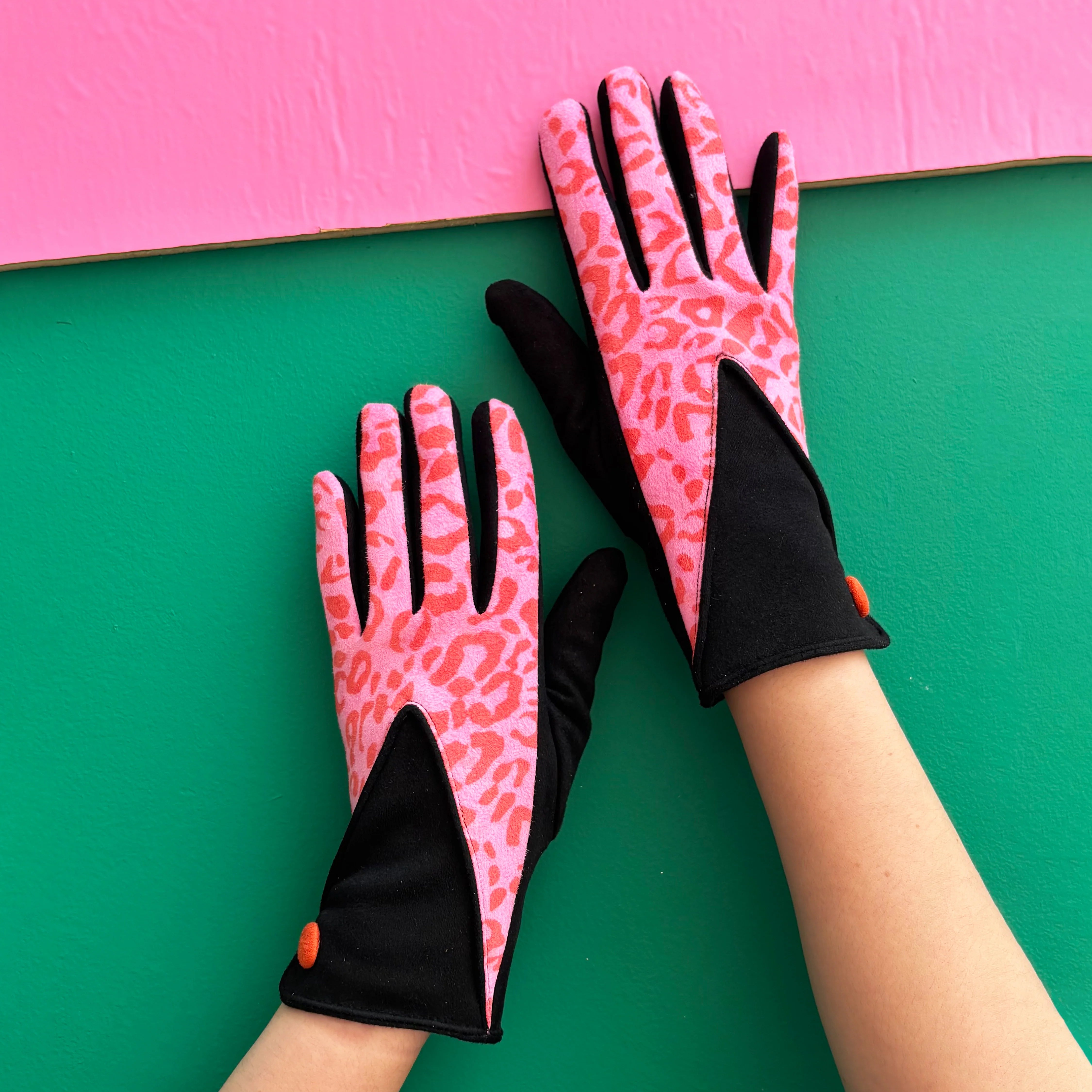 House Of Disaster "Pink and Black Leopard" Suedette Gloves