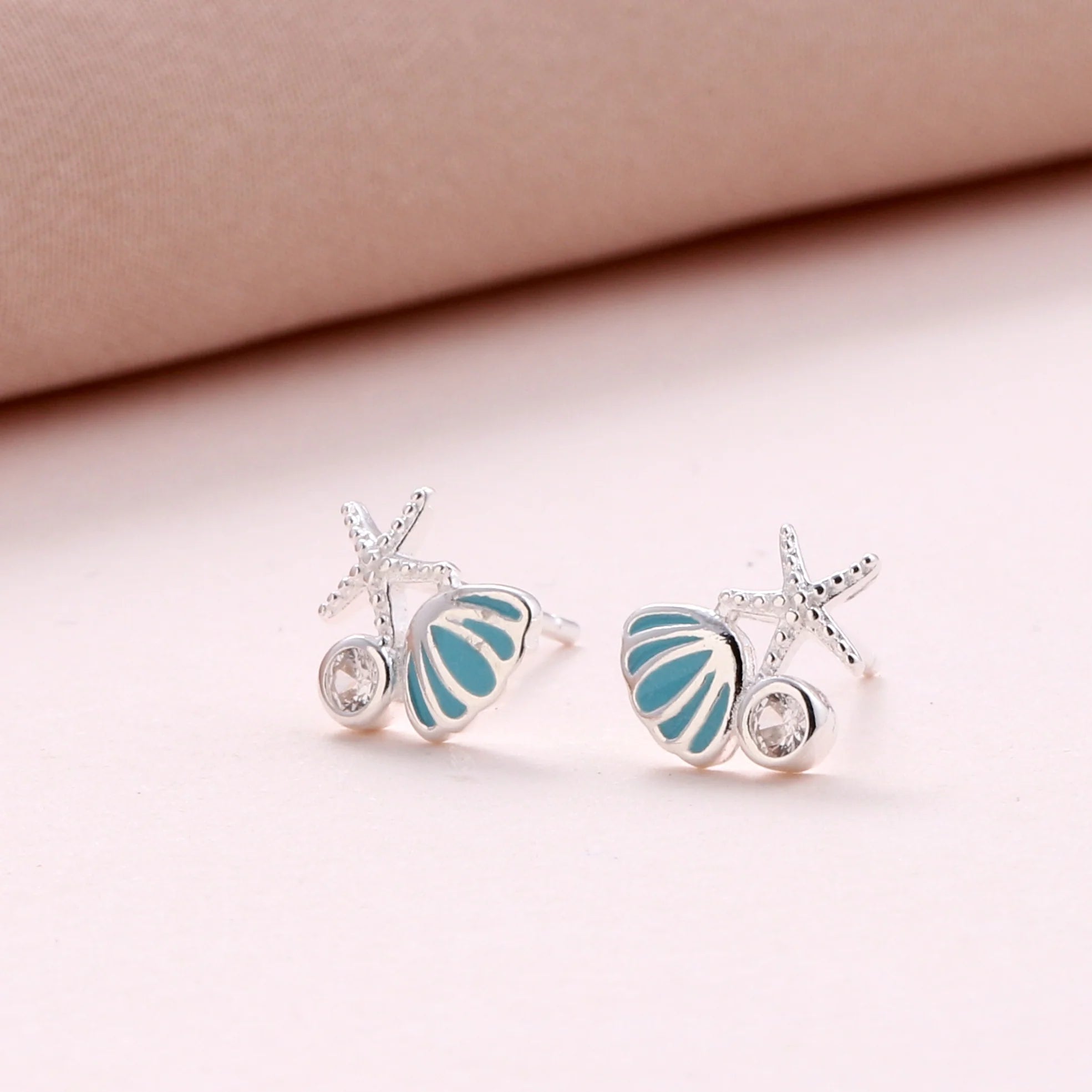 Shell & Starfish Crystal Earrings (Sterling Silver)
