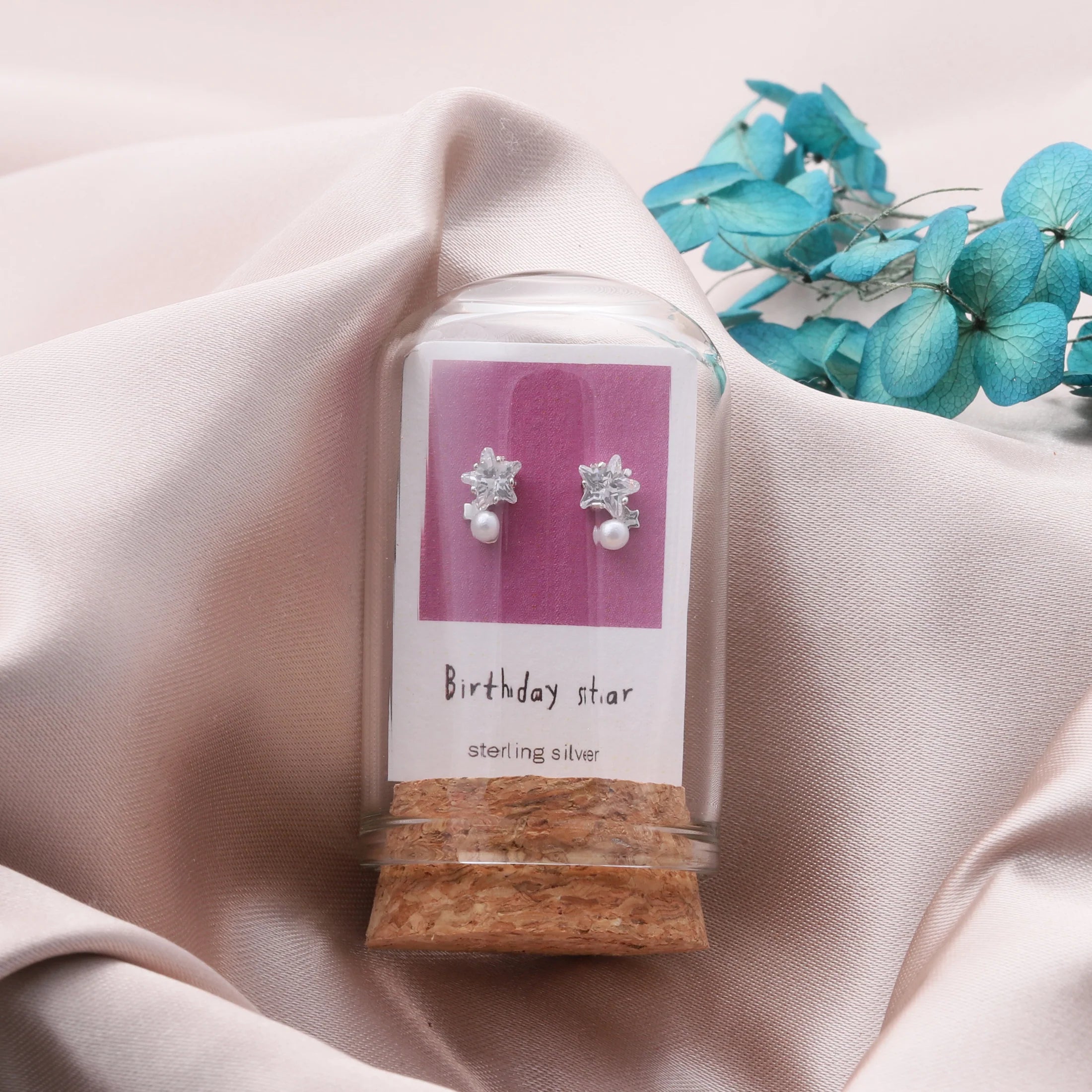 Silver "Happy Birthday" Crystal star with pearl earrings