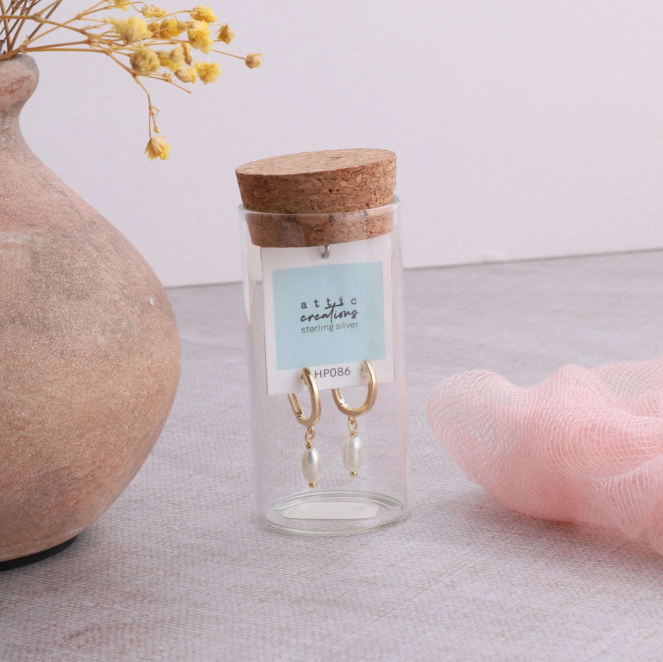 Gold Plated Simple Pearl Hoop Earrings (Sterling Silver)