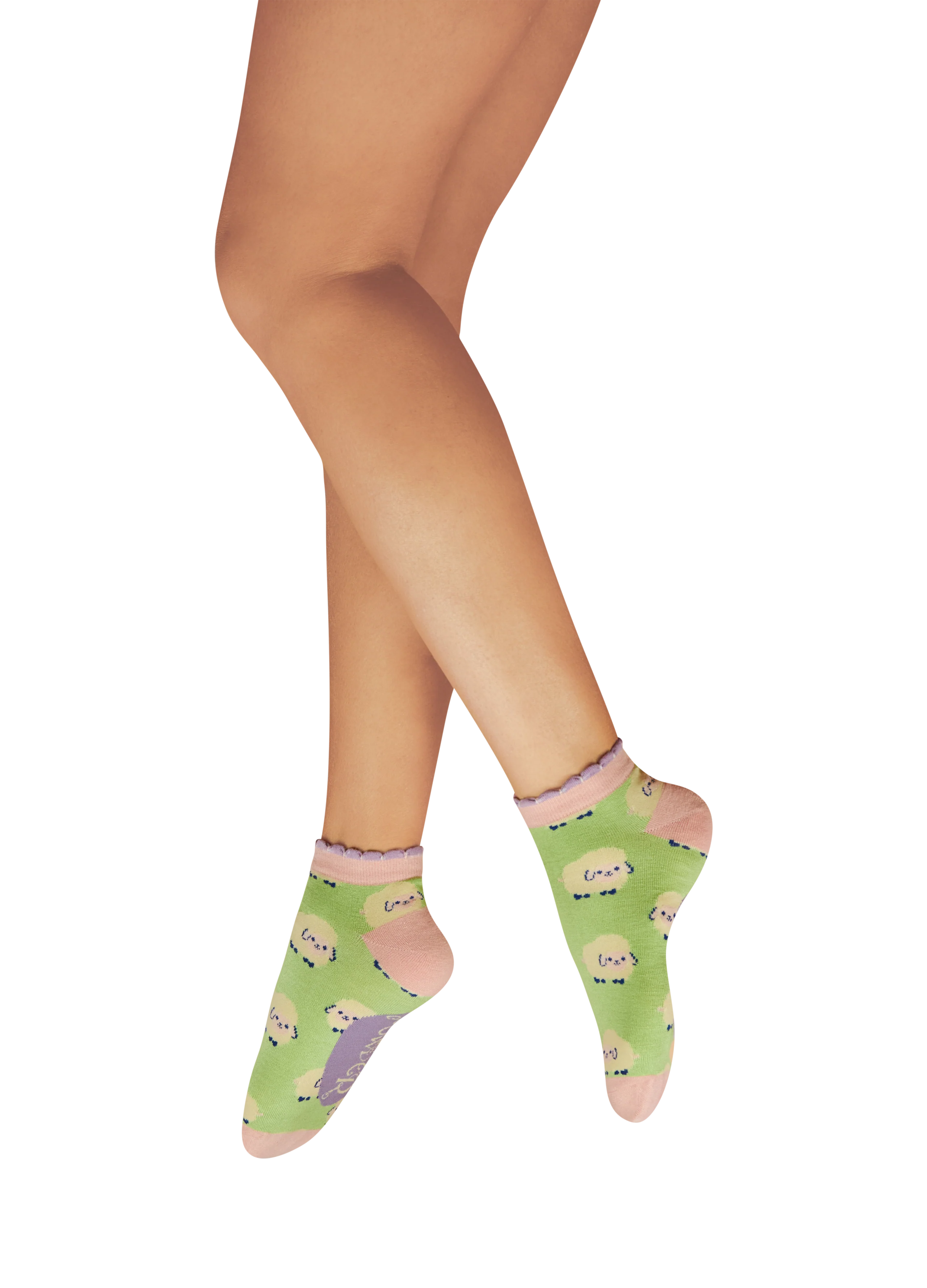 "Powder" Ladies Trainer Socks - Marshmallow Sheep - Mint