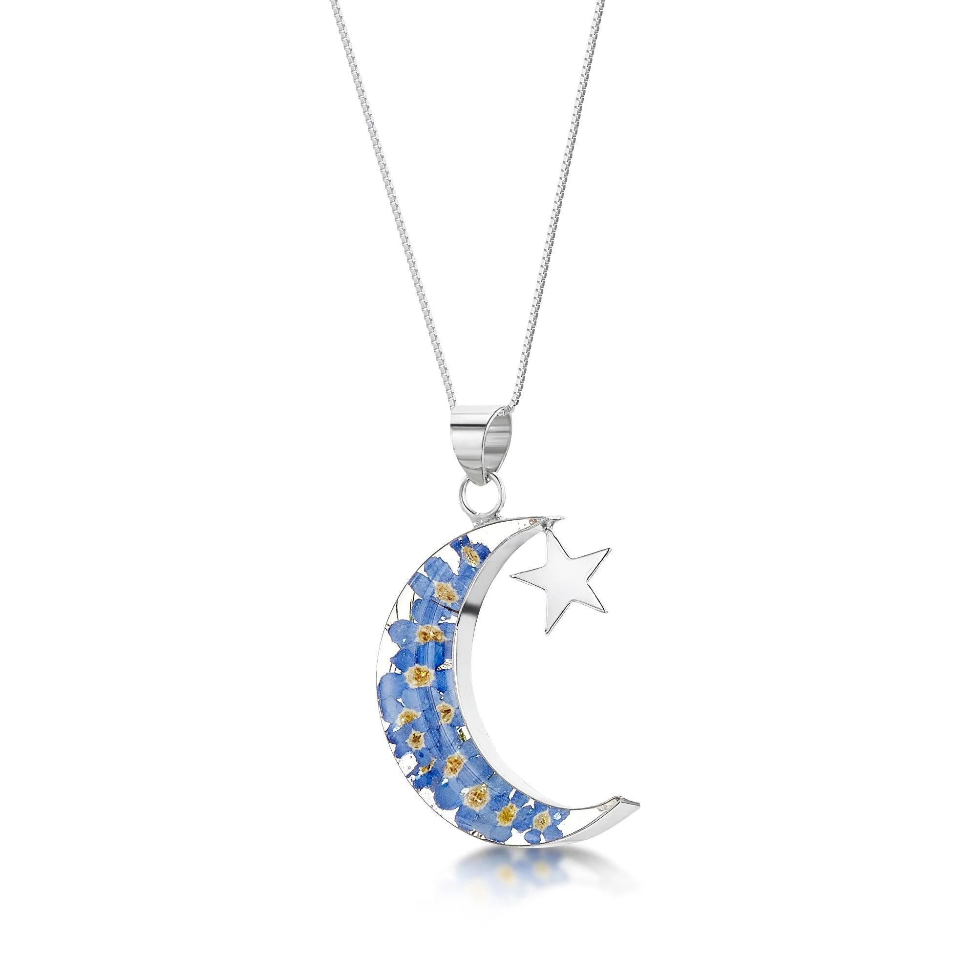 Shrieking Violet Forget Me Not "Moon & Star" Silver Necklace