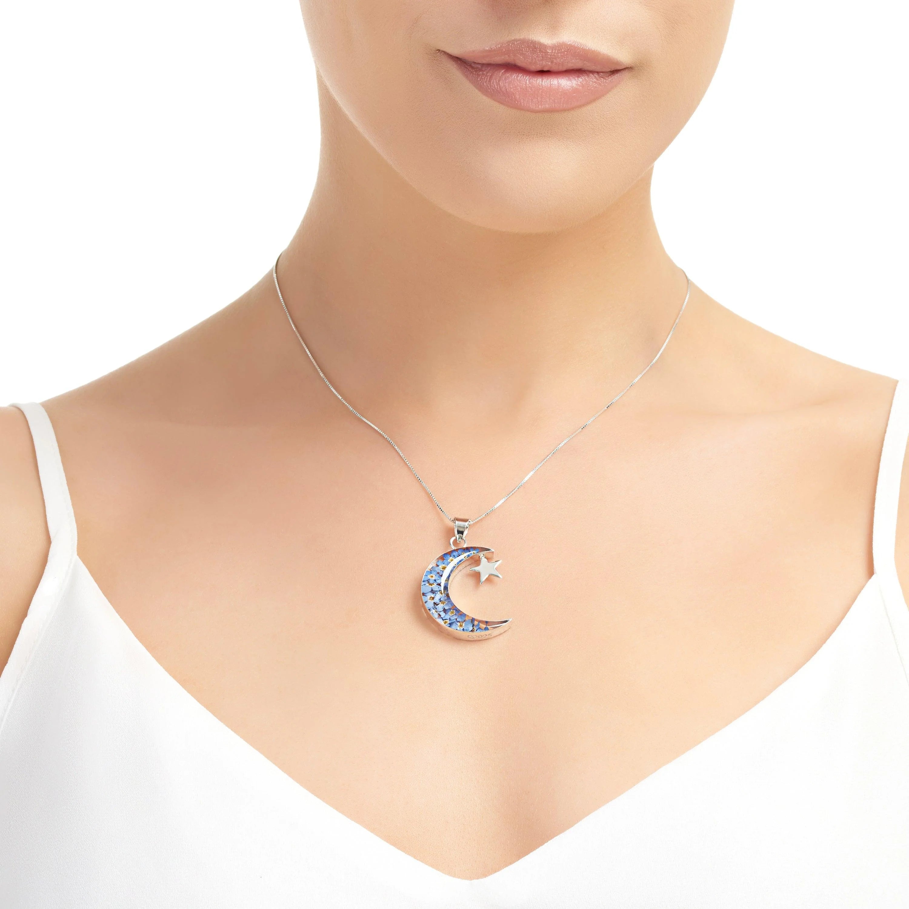 Shrieking Violet Forget Me Not "Moon & Star" Silver Necklace