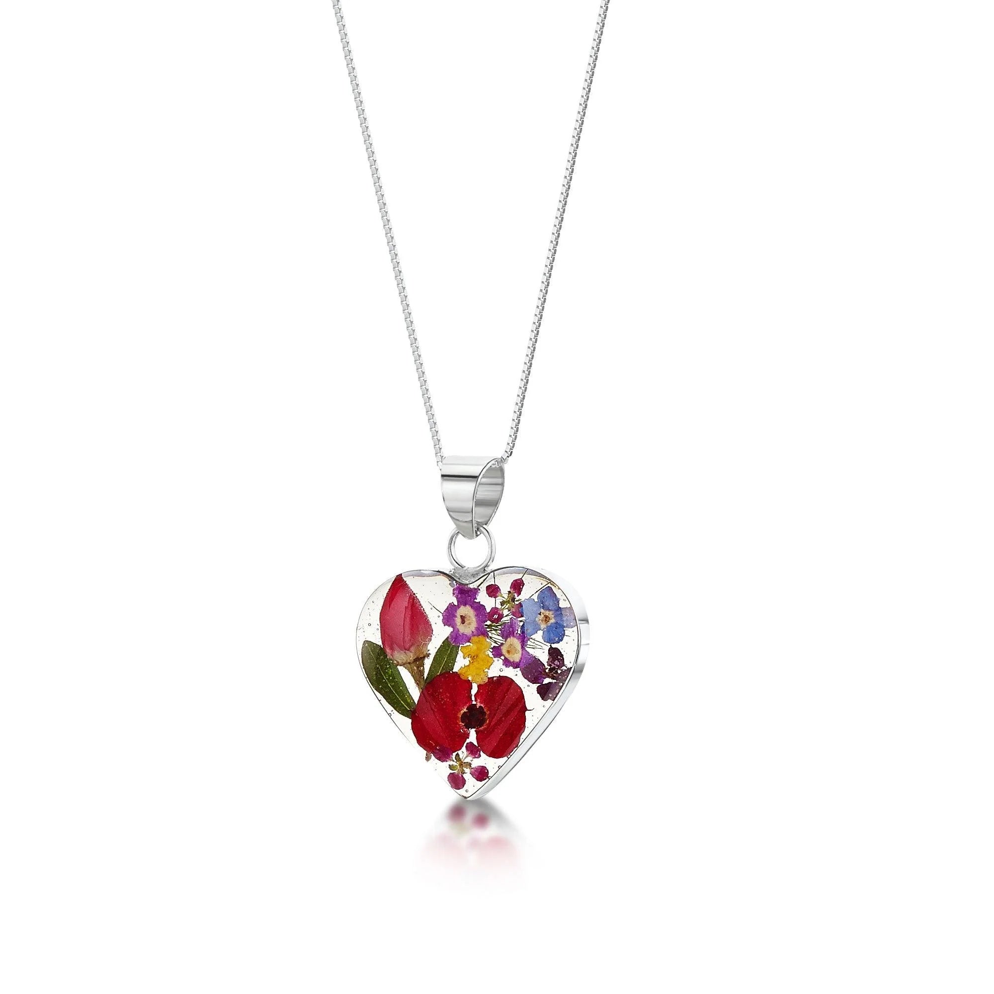 Shrieking Violet Mixed Flower "Heart Pendant" Silver Necklace