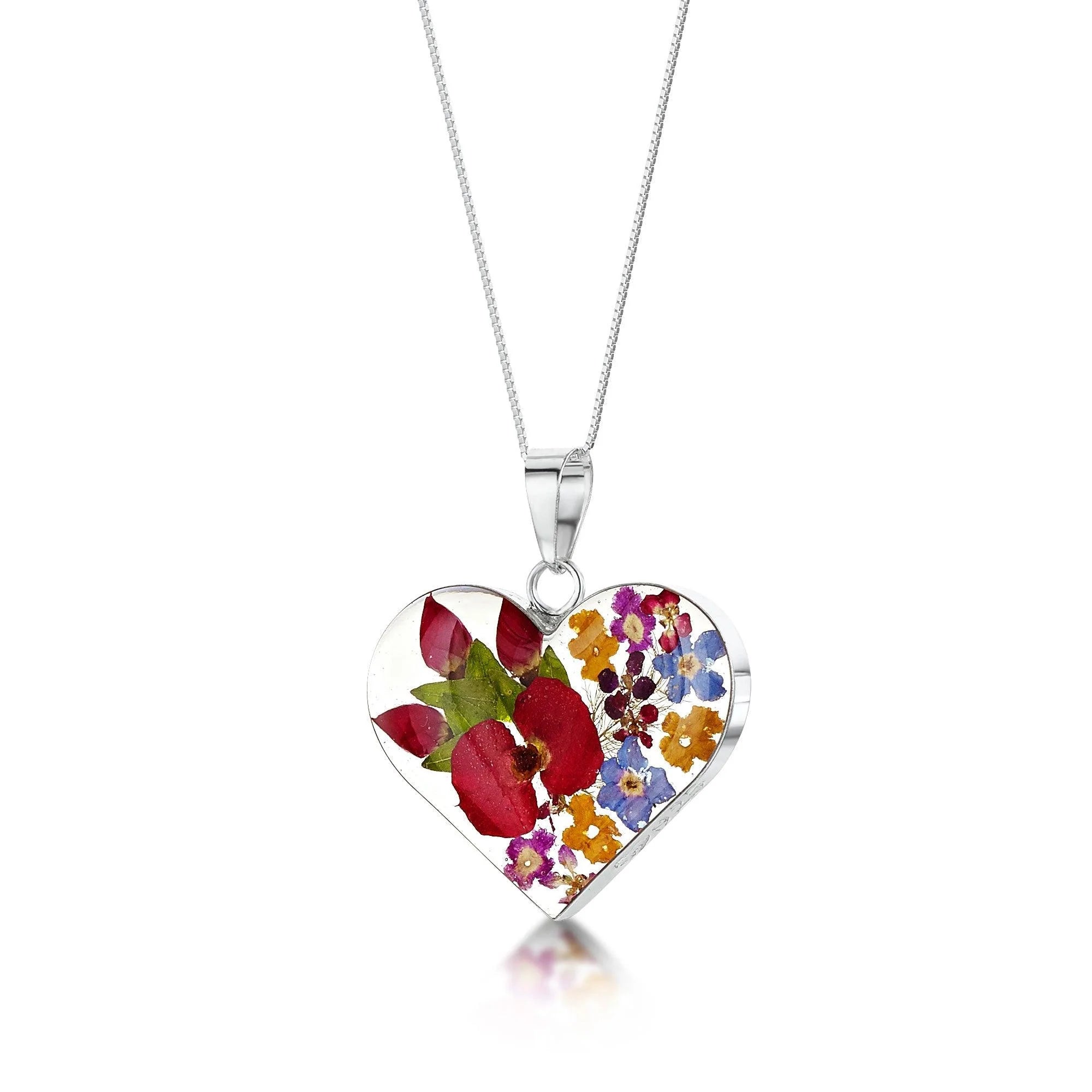 Shrieking Violet Mixed Flower "Heart Pendent' Silver Necklace